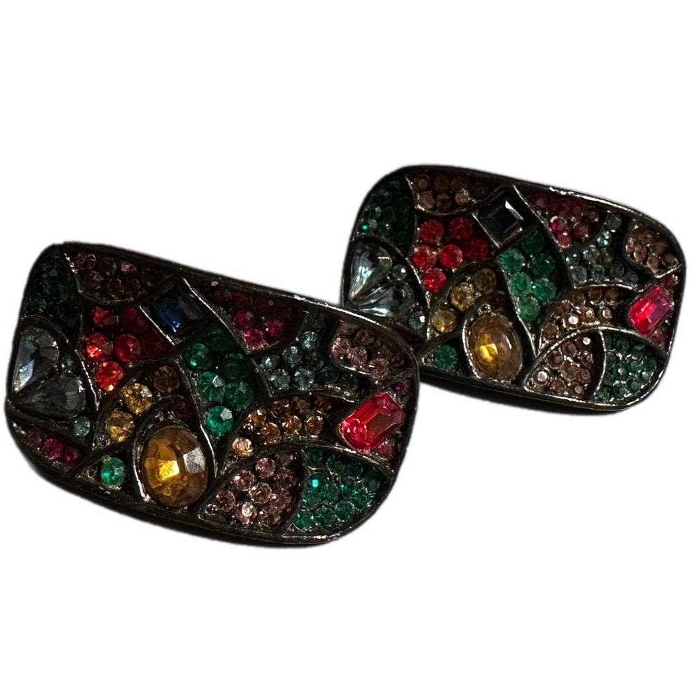 MUCI Shoes Clips Art Deco Style Multicolored Crystals Oxidized Silver RARE